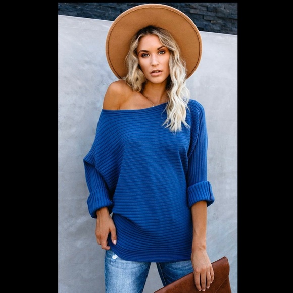 Sweaters - Blue off the shoulder sweater